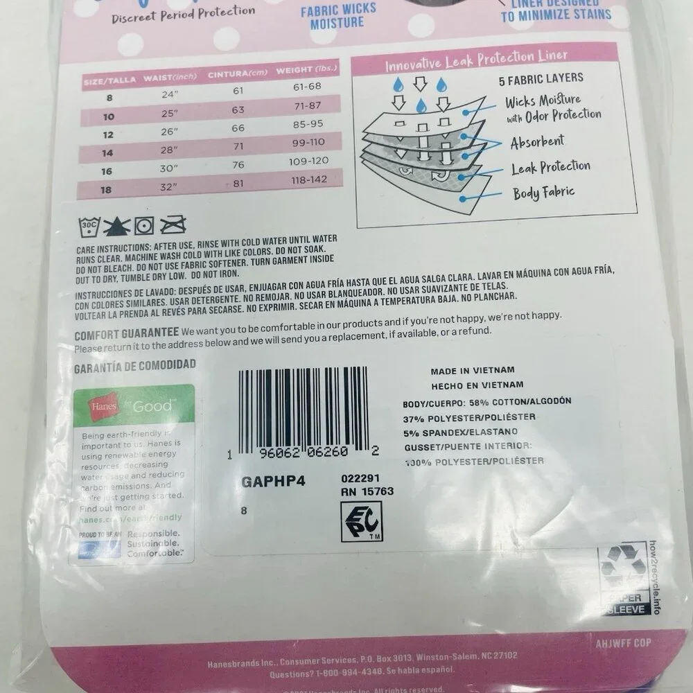Hanes Girls Size 8 Tagless Hipster‎ Period Panty 4 Pack Moderate Protection 375